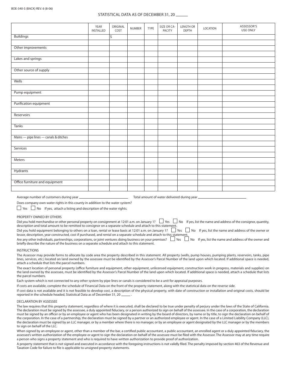 Form BOE-540-S Mutual or Private Water Company Property Statement - California, Page 2