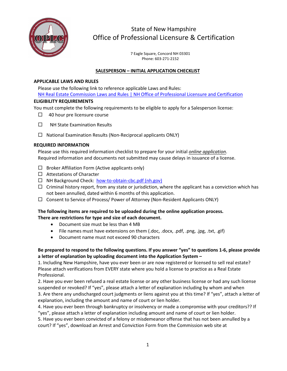 Salesperson - Initial Application Checklist - New Hampshire, Page 1