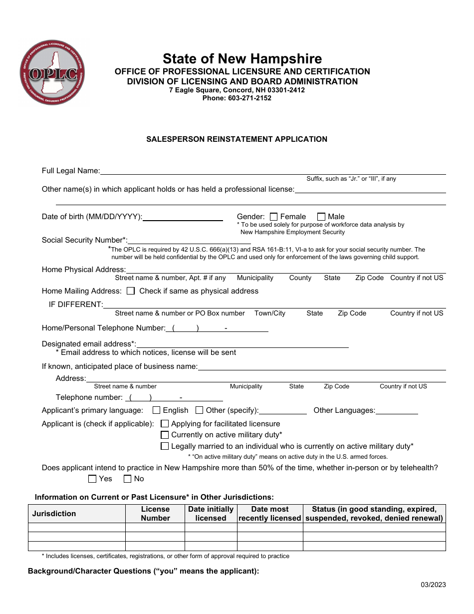 Salesperson Reinstatement Application - New Hampshire, Page 1