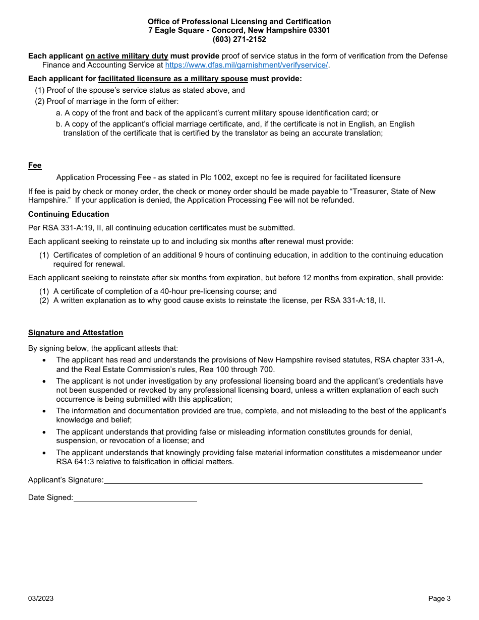Salesperson Reinstatement Application - New Hampshire, Page 3