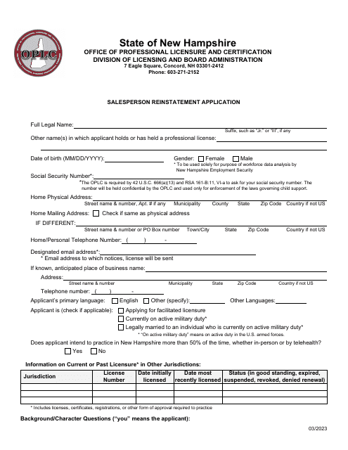 Salesperson Reinstatement Application - New Hampshire