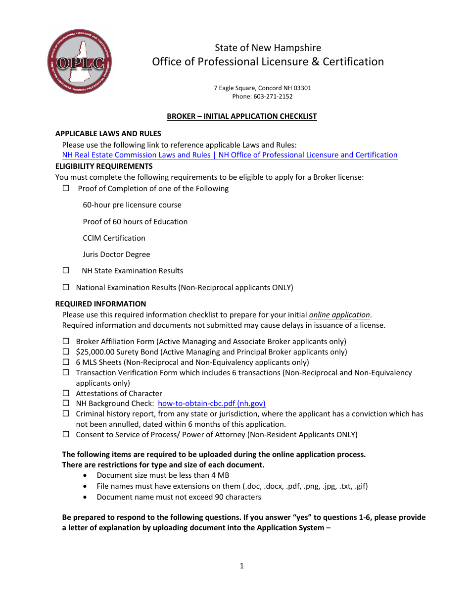 Broker - Initial Application Checklist - New Hampshire, Page 1
