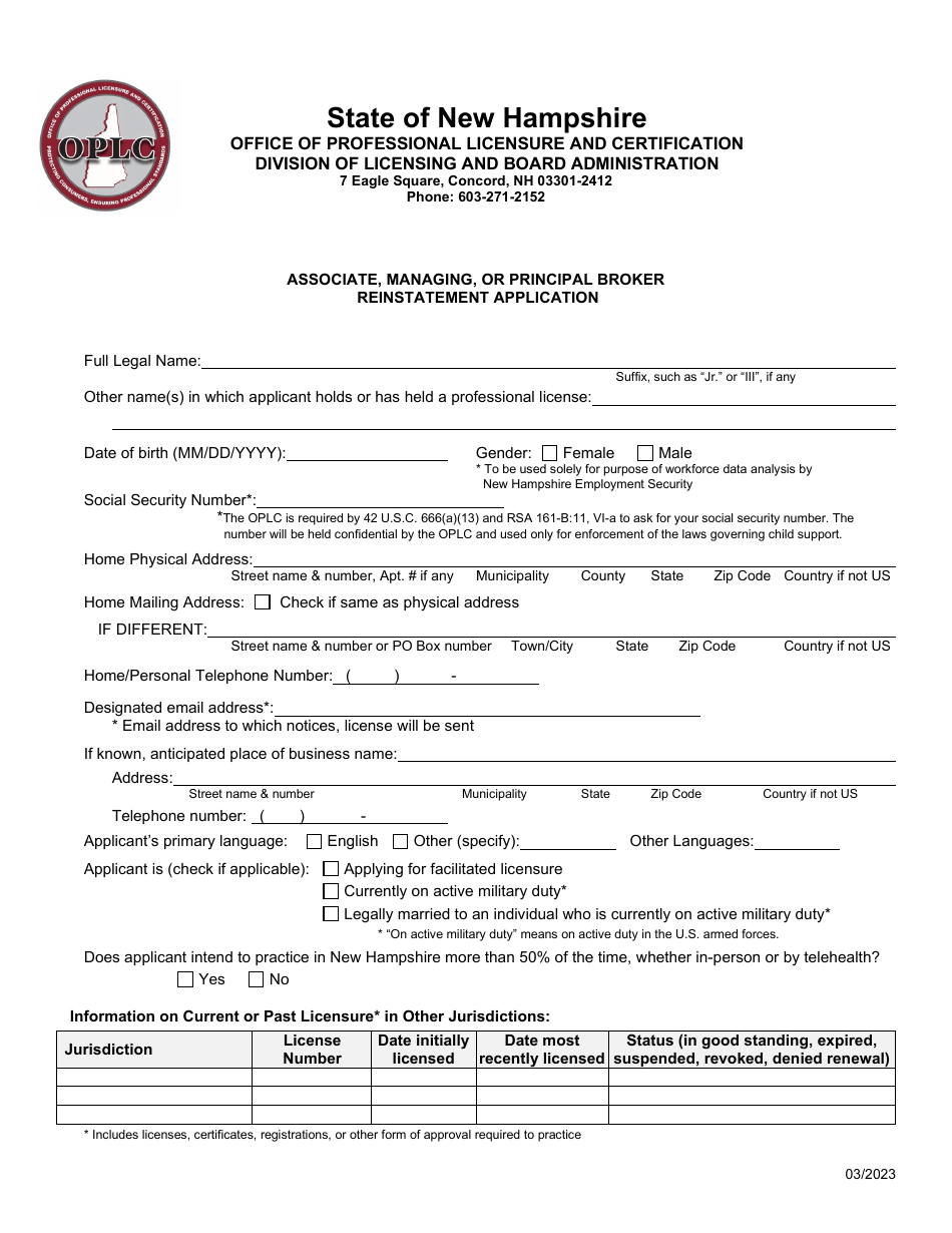 Associate, Managing, or Principal Broker Reinstatement Application - New Hampshire, Page 1