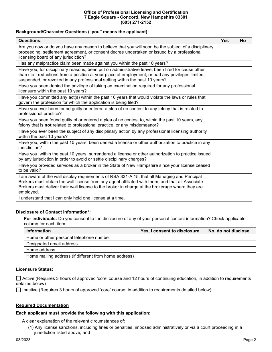 Associate, Managing, or Principal Broker Reinstatement Application - New Hampshire, Page 2