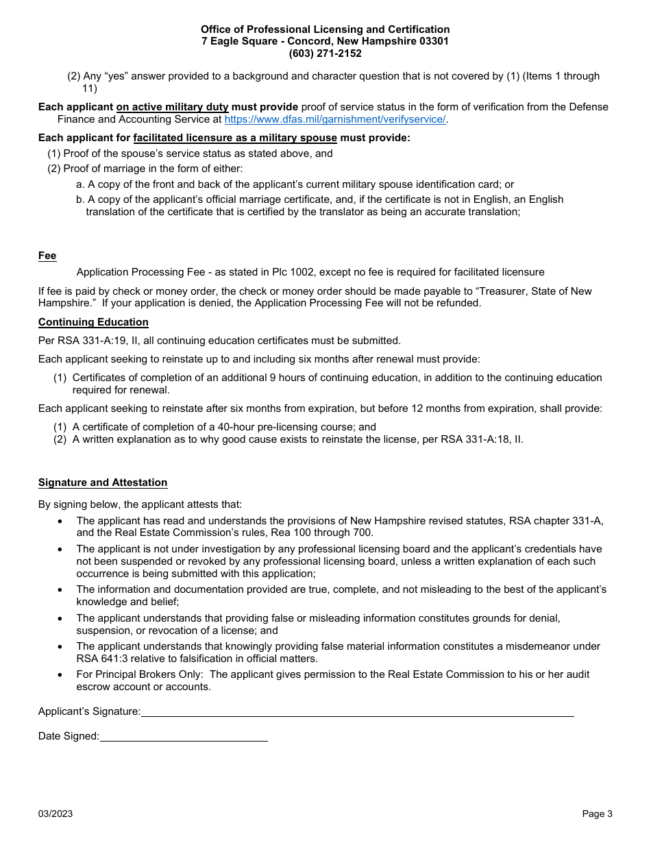 Associate, Managing, or Principal Broker Reinstatement Application - New Hampshire, Page 3
