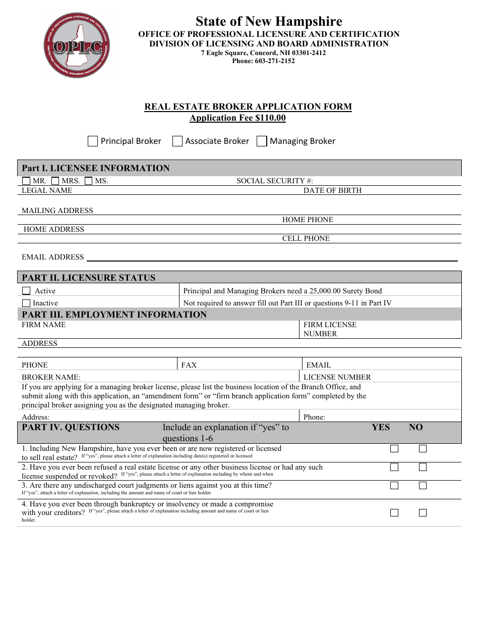 Real Estate Broker Application Form - New Hampshire, Page 1