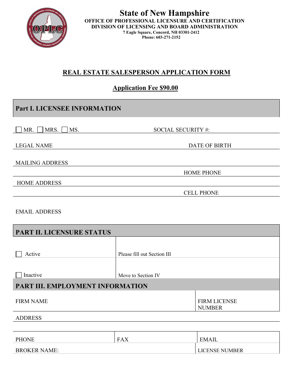Real Estate Salesperson Application Form - New Hampshire, Page 1