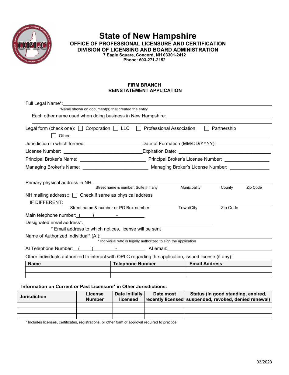 Firm Branch Reinstatement Application - New Hampshire, Page 1