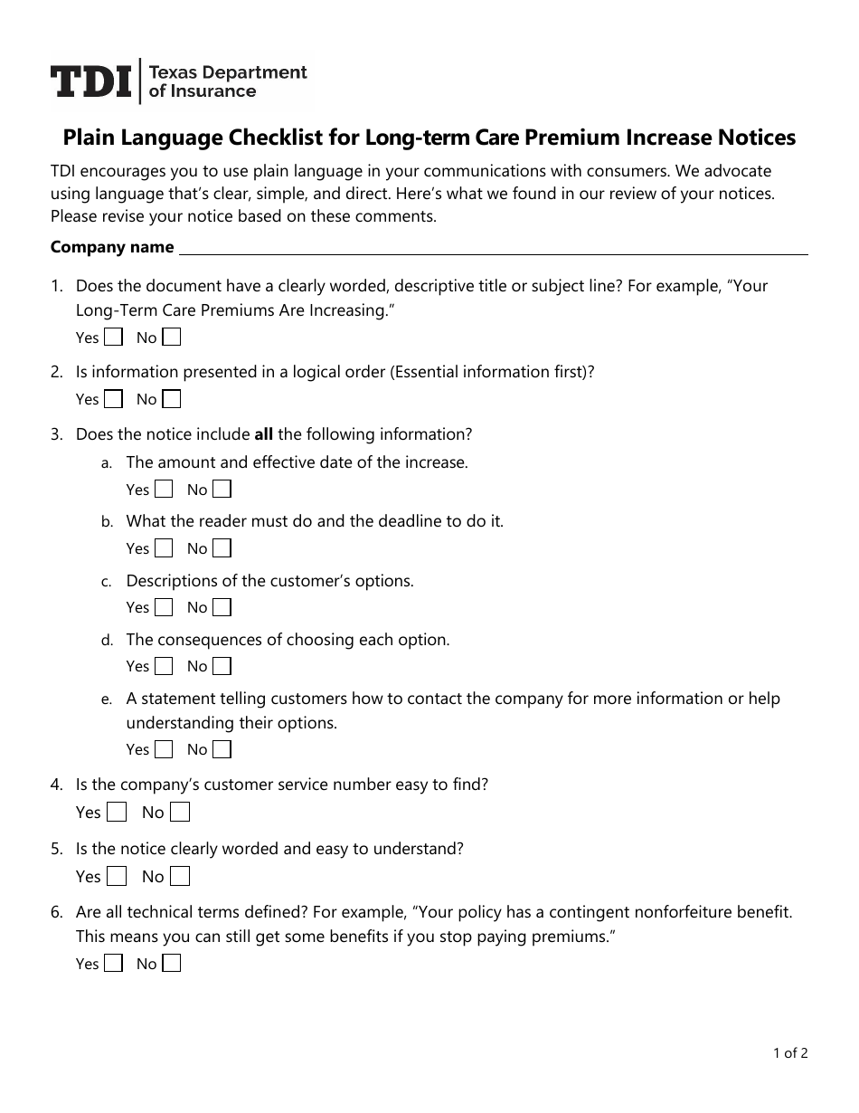 Plain Language Checklist for Long-Term Care Premium Increase Notices - Texas, Page 1
