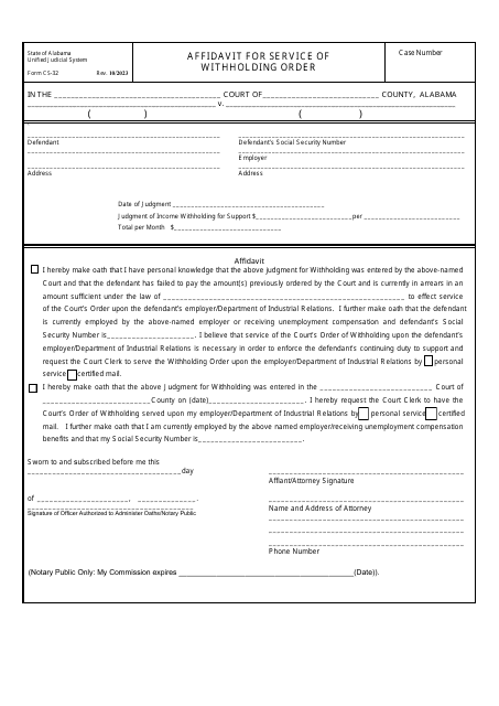 Form CS-32 Affidavit for Service of Withholding Order - Alabama