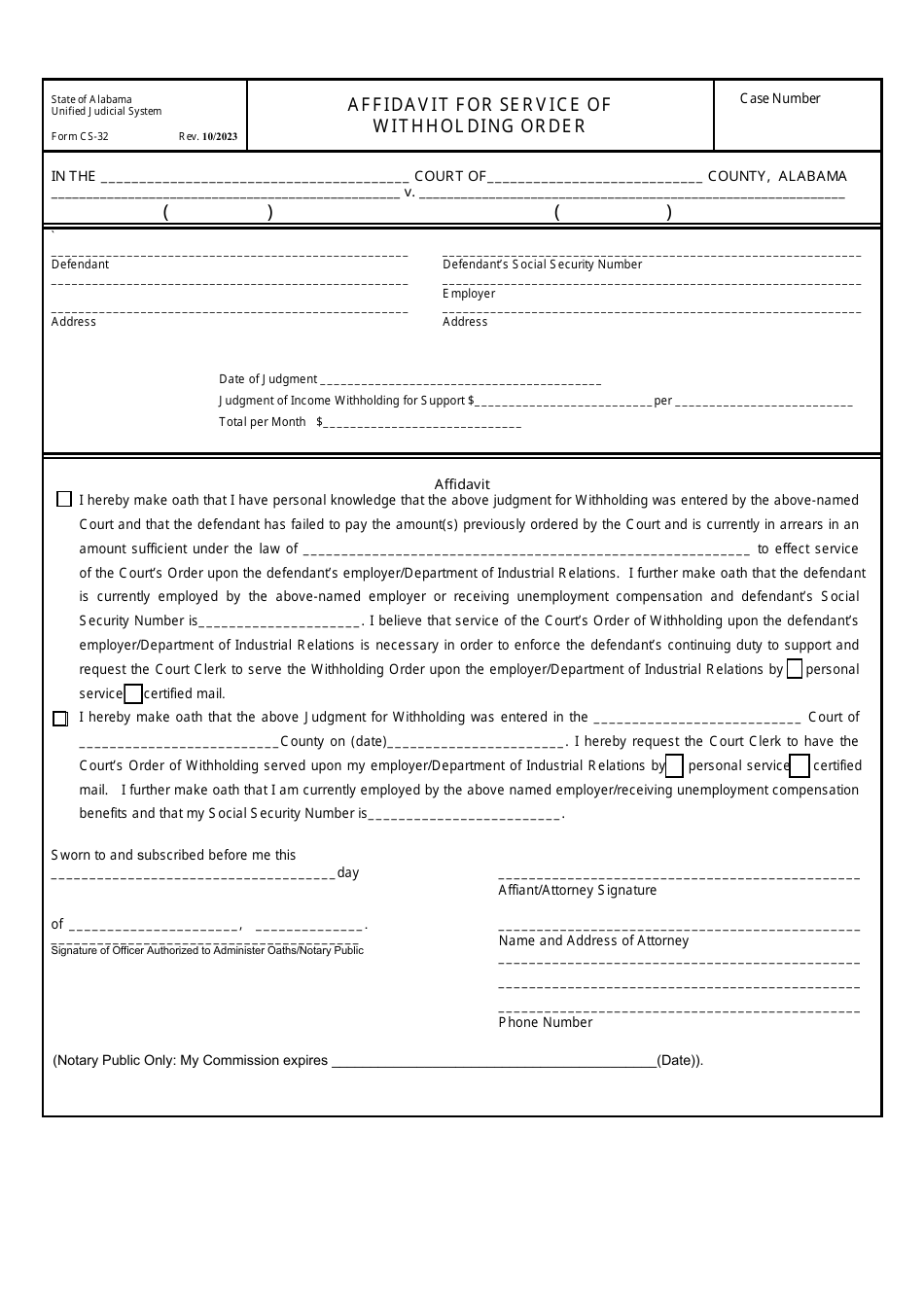 Form CS-32 Affidavit for Service of Withholding Order - Alabama, Page 1