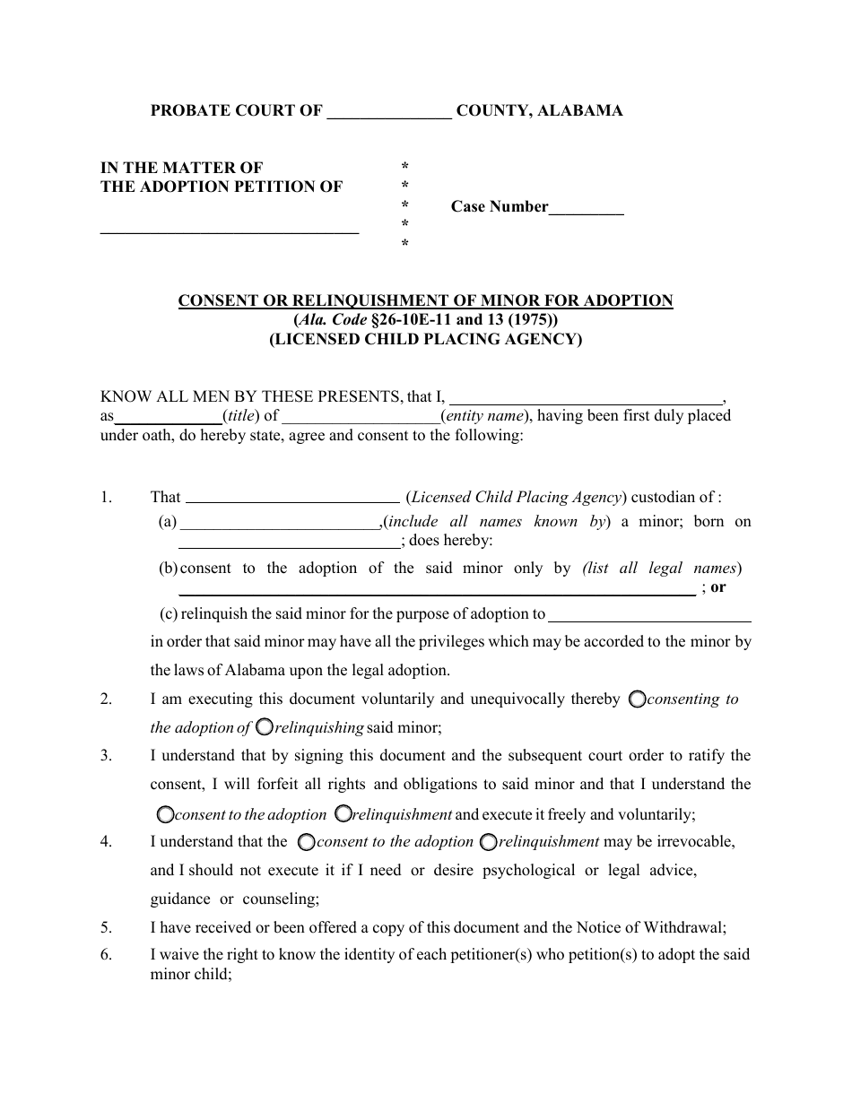 Consent or Relinquishment of Minor for Adoption (Licensed Child Placing Agency) - Alabama, Page 1