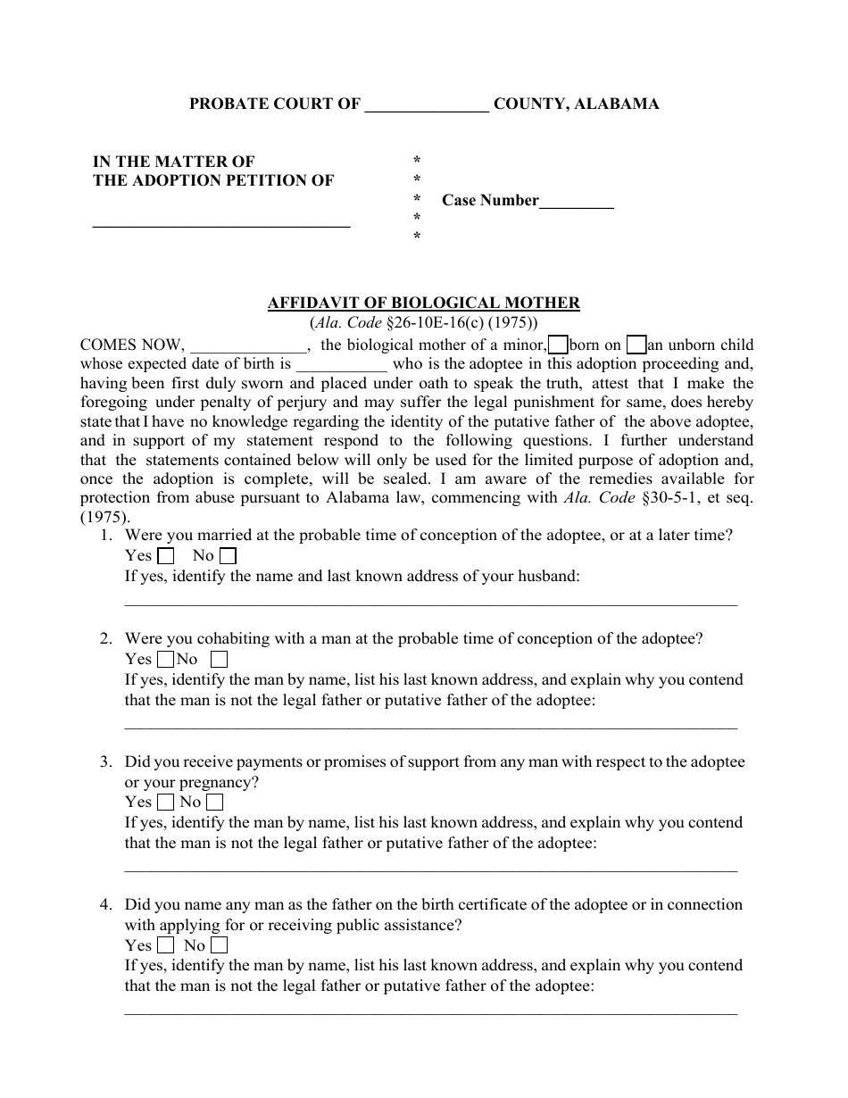 Affidavit of Biological Mother - Alabama, Page 1
