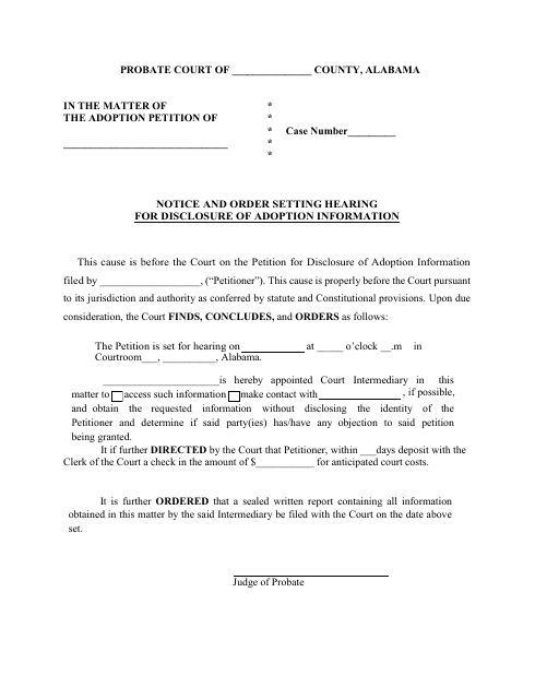 Notice and Order Setting Hearing for Disclosure of Adoption Information - Alabama Download Pdf