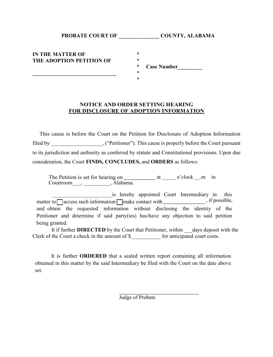 Notice and Order Setting Hearing for Disclosure of Adoption Information - Alabama, Page 1