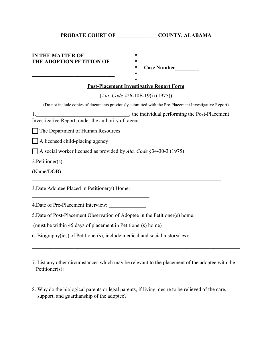 Post-placement Investigative Report Form - Alabama, Page 1