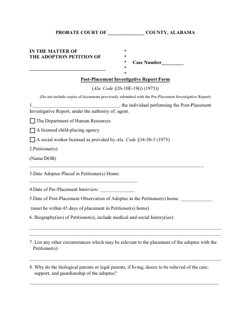 Post-placement Investigative Report Form - Alabama