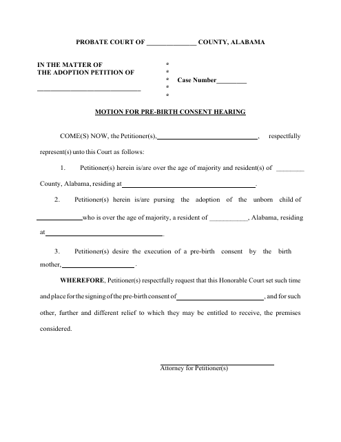 Motion for Pre-birth Consent Hearing - Alabama Download Pdf