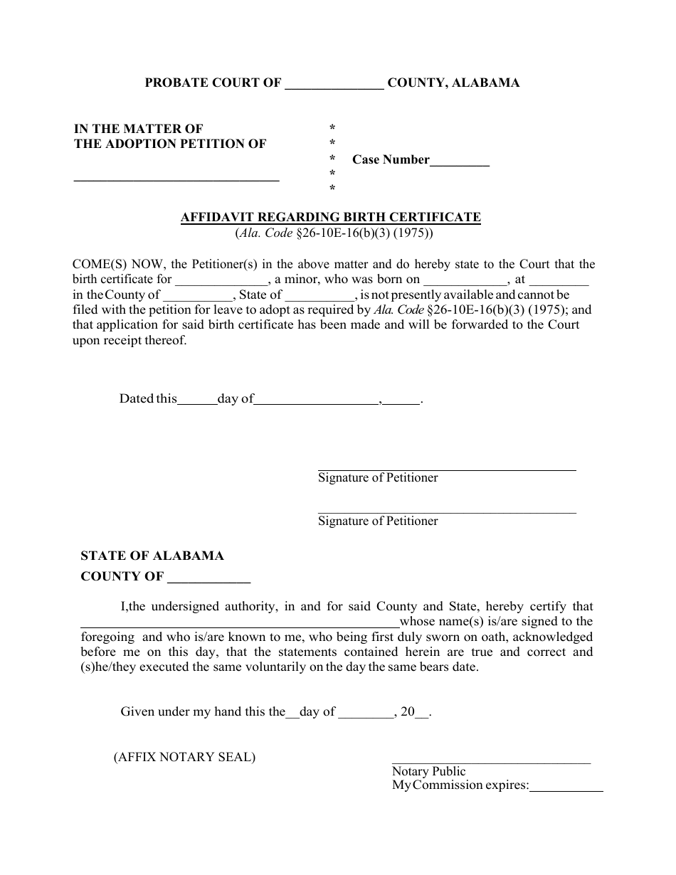 Affidavit Regarding Birth Certificate - Alabama, Page 1