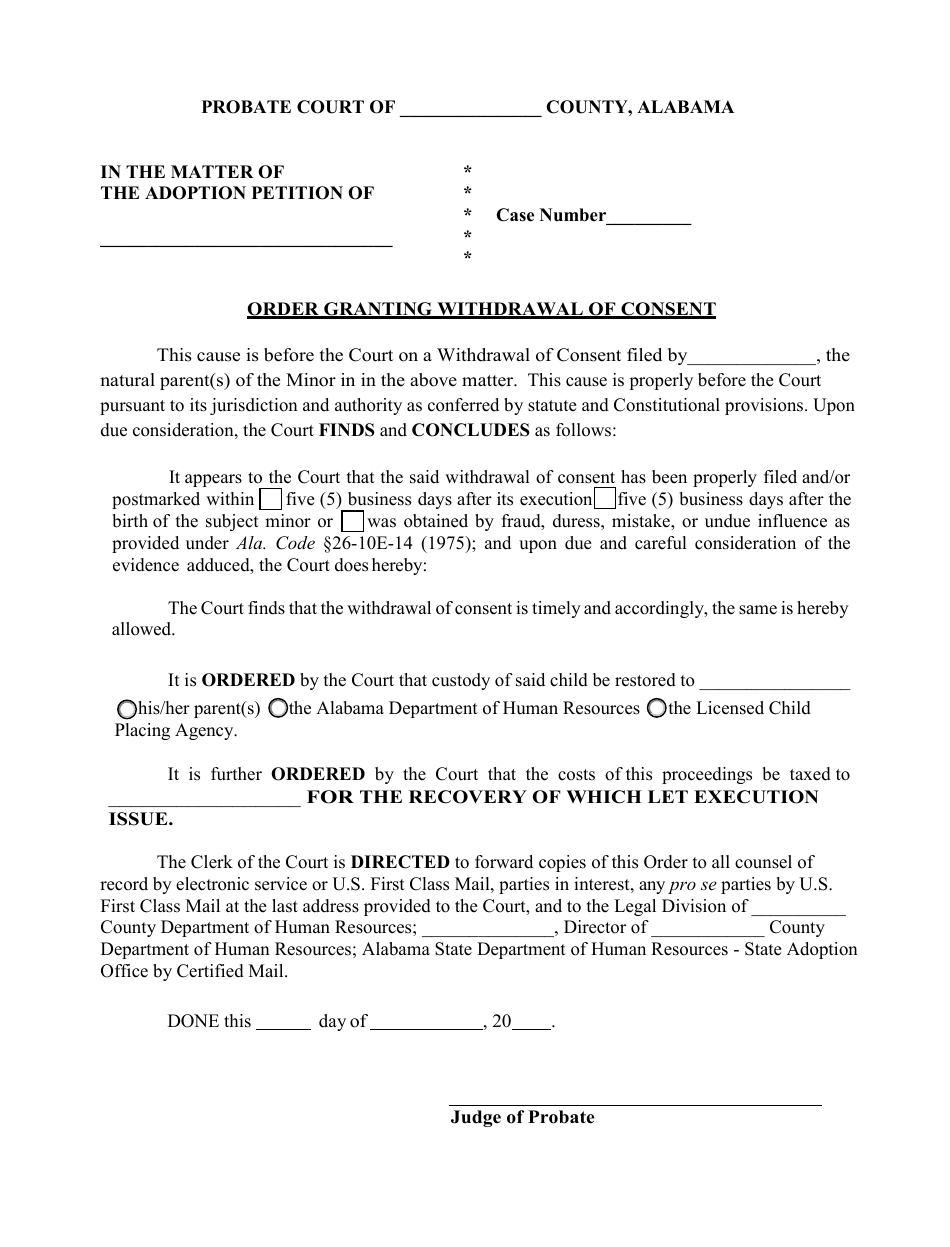 Order Granting Withdrawal of Consent - Alabama, Page 1