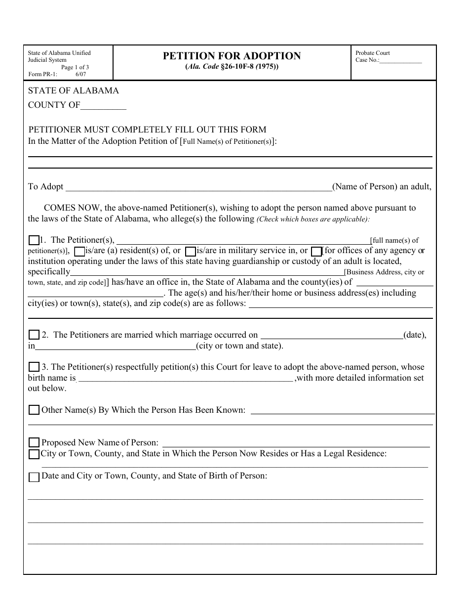 Form PR-1 Petition for Adoption - Alabama, Page 1
