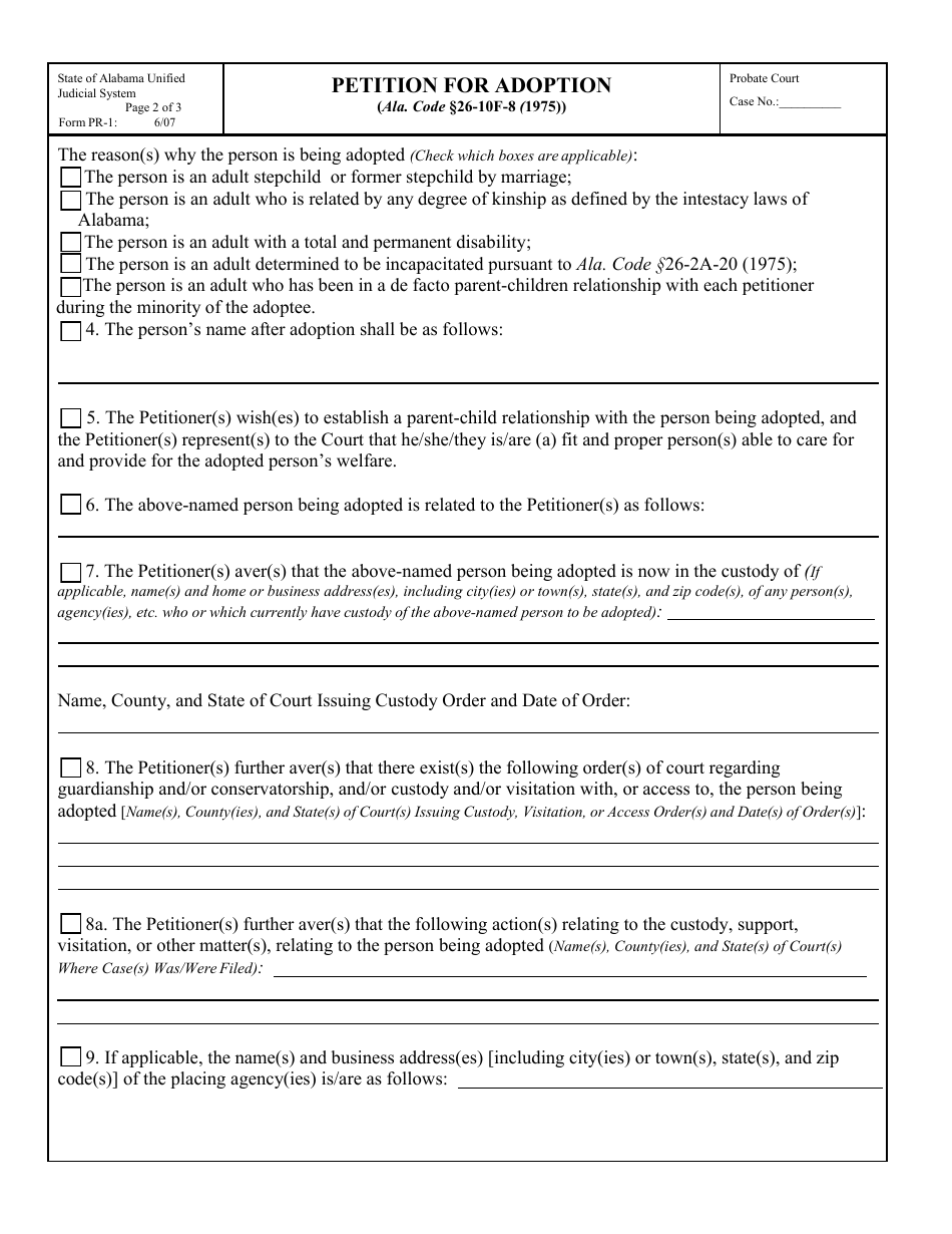 Form PR-1 Petition for Adoption - Alabama, Page 2
