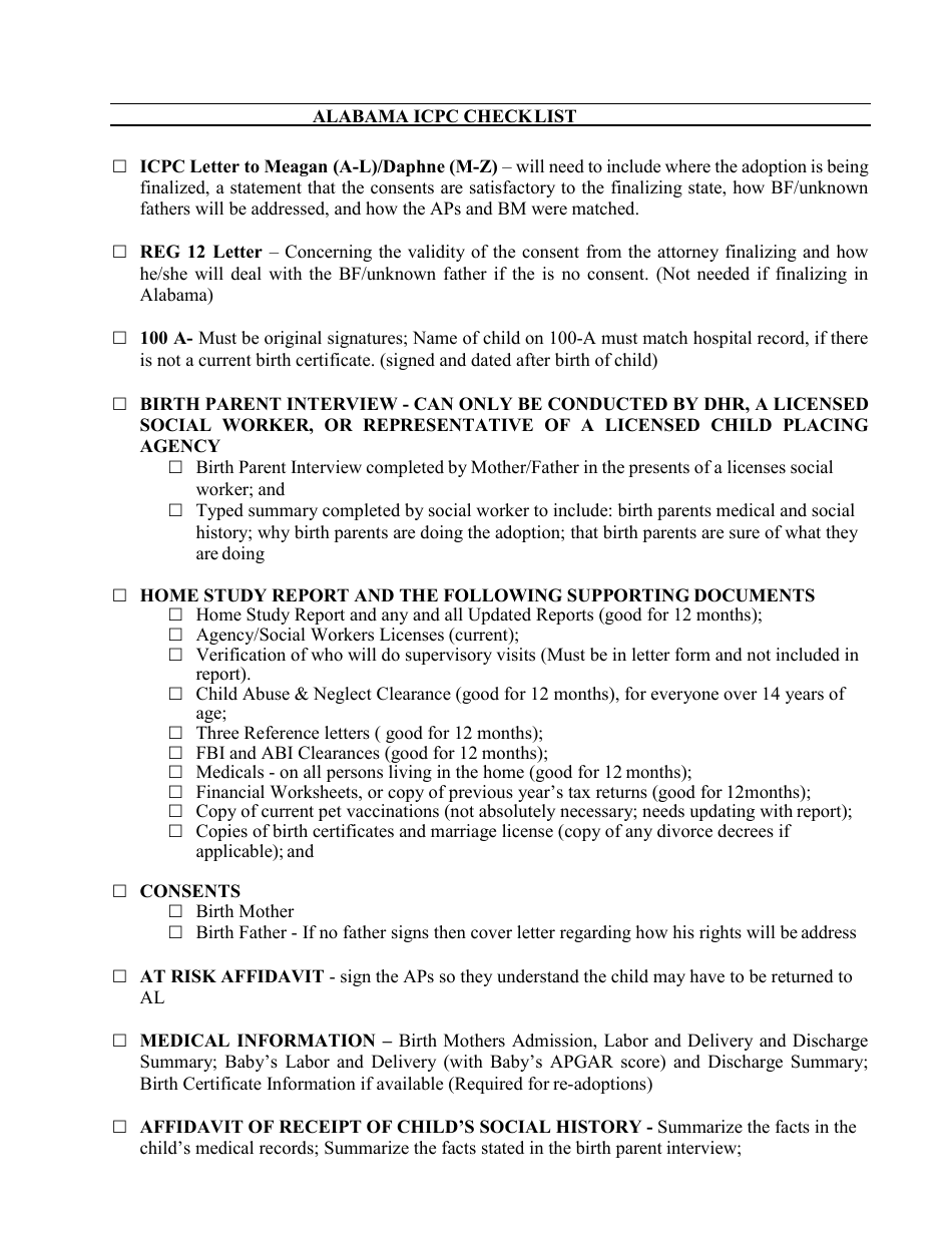 Alabama Icpc Checklist - Alabama, Page 1