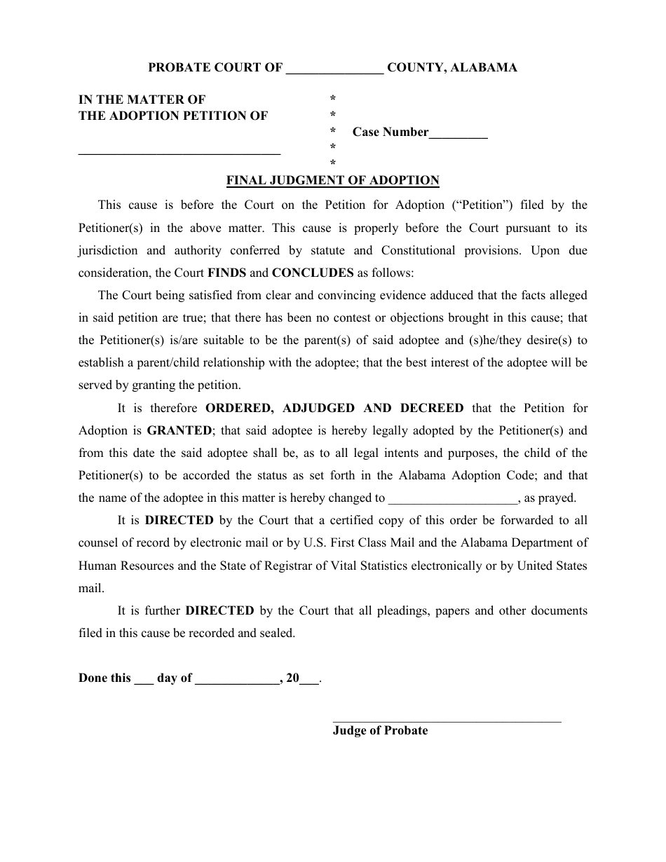 Alabama Final Judgment of Adoption - Adult - Fill Out, Sign Online and ...