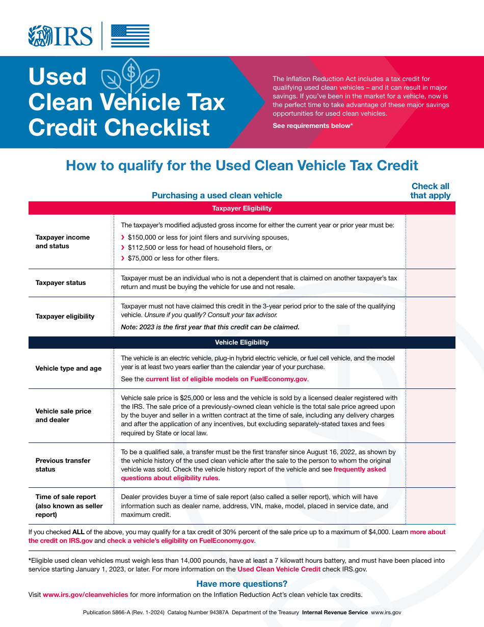 Used Clean Vehicle Tax Credit Checklist, Page 1