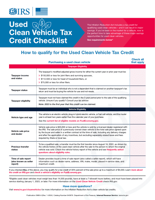 Used Clean Vehicle Tax Credit Checklist Download Pdf