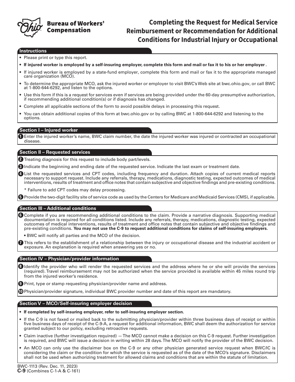 Form C-9 (BWC-1113) Request for Medical Service Reimbursement or Recommendation for Additional Conditions for Industrial Injury or Occupational Disease - Ohio, Page 1