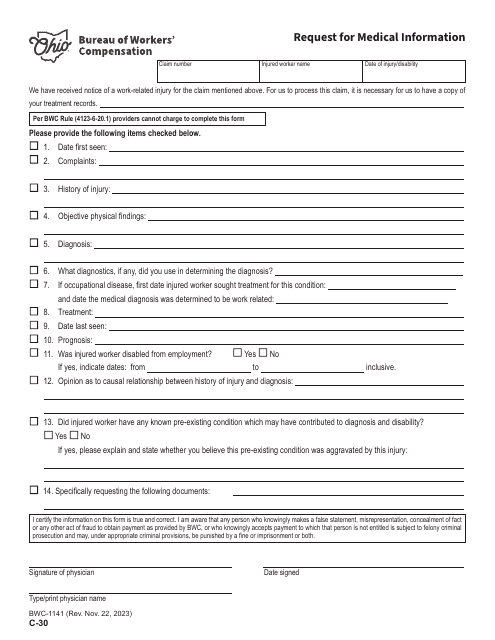 Form C-30 (BWC-1141) Request for Medical Information - Ohio