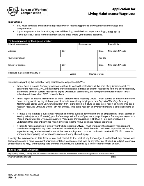 Form RH-18 (BWC-2968) Application for Living Maintenance Wage Loss - Ohio
