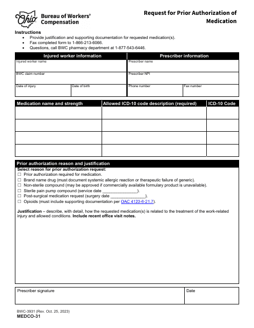 Form MEDCO-31 (BWC-3931) Request for Prior Authorization of Medication - Ohio