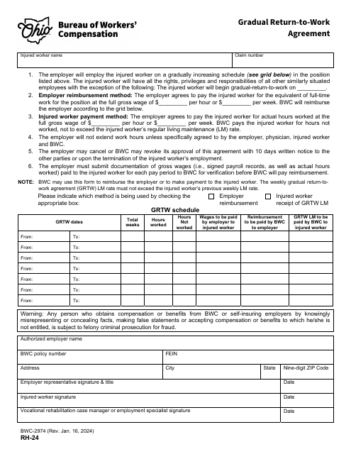 Form RH-24 (BWC-2974) Gradual Return-To-Work Agreement - Ohio