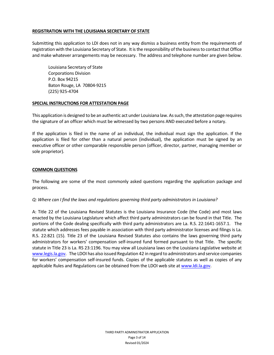 Application to Act as a Third Party Administrator in the State of Louisiana - Louisiana, Page 3