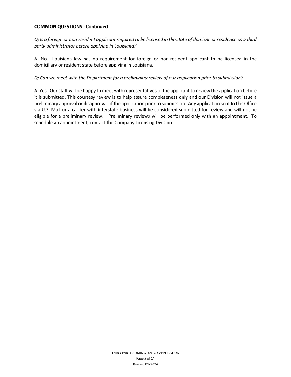 Application to Act as a Third Party Administrator in the State of Louisiana - Louisiana, Page 5