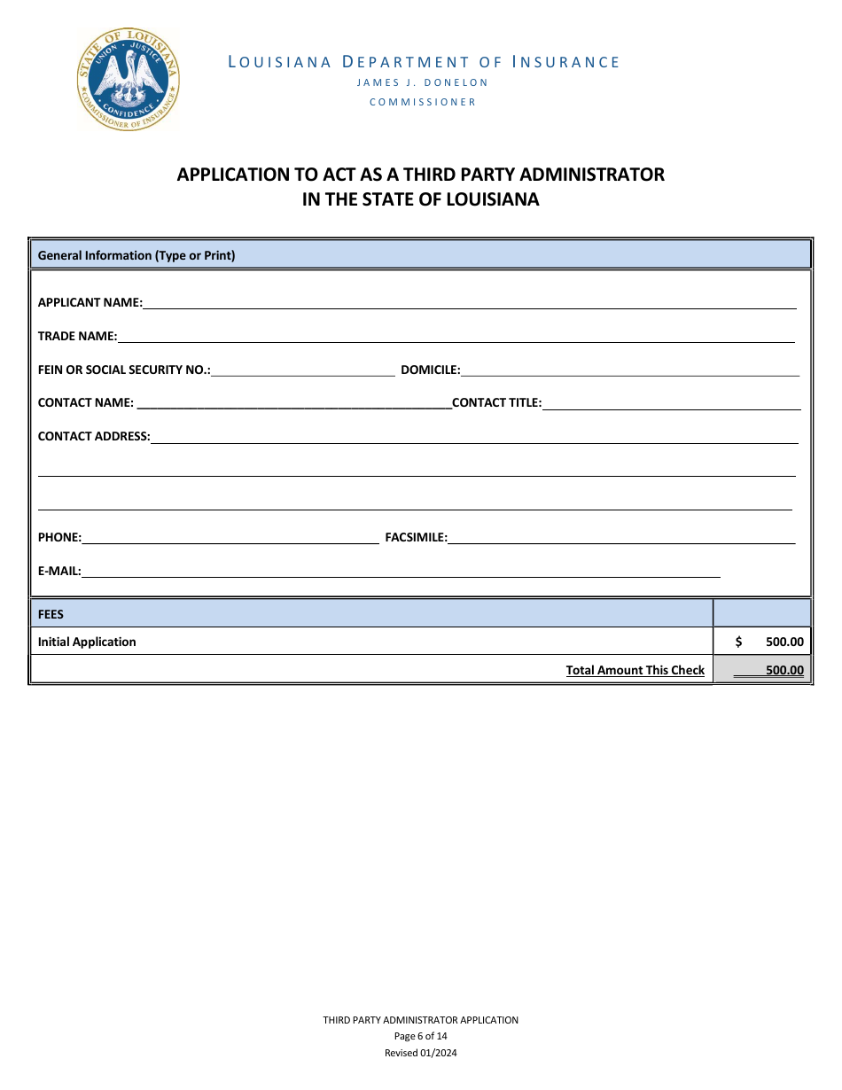 Application to Act as a Third Party Administrator in the State of Louisiana - Louisiana, Page 6
