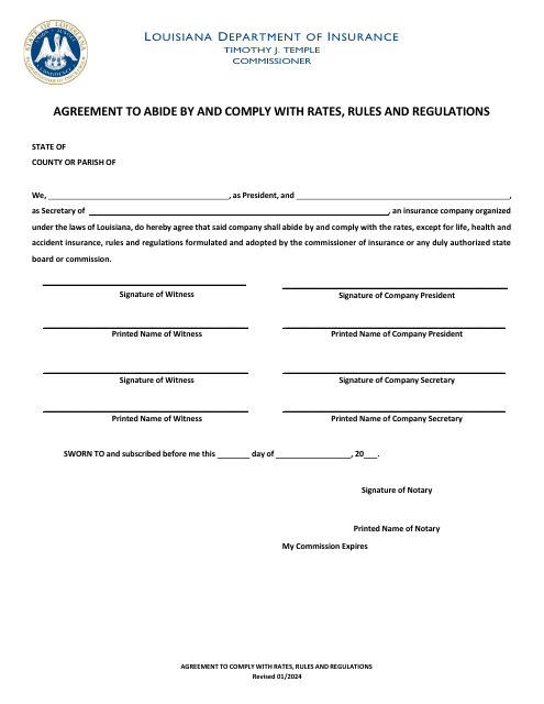 Agreement to Abide by and Comply With Rates, Rules and Regulations - Louisiana