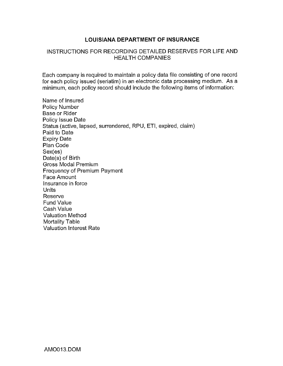 Actuarial Filing Instructions - Domestic Life  Health Insurers - Louisiana, Page 11