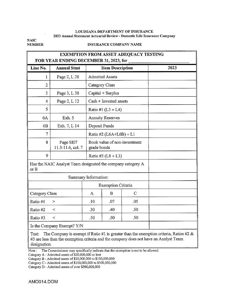 Actuarial Filing Instructions - Domestic Life  Health Insurers - Louisiana, Page 12
