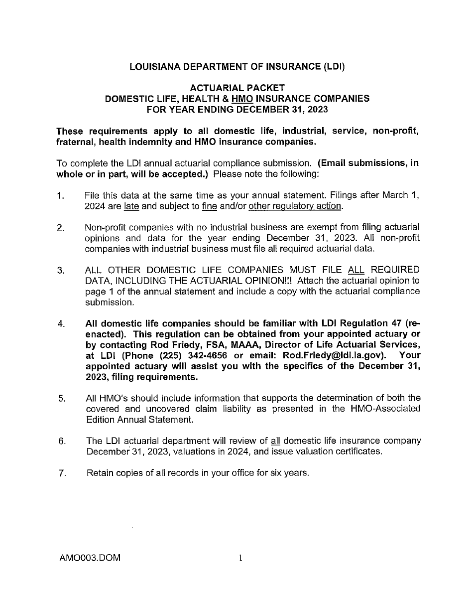 Actuarial Filing Instructions - Domestic Life  Health Insurers - Louisiana, Page 2