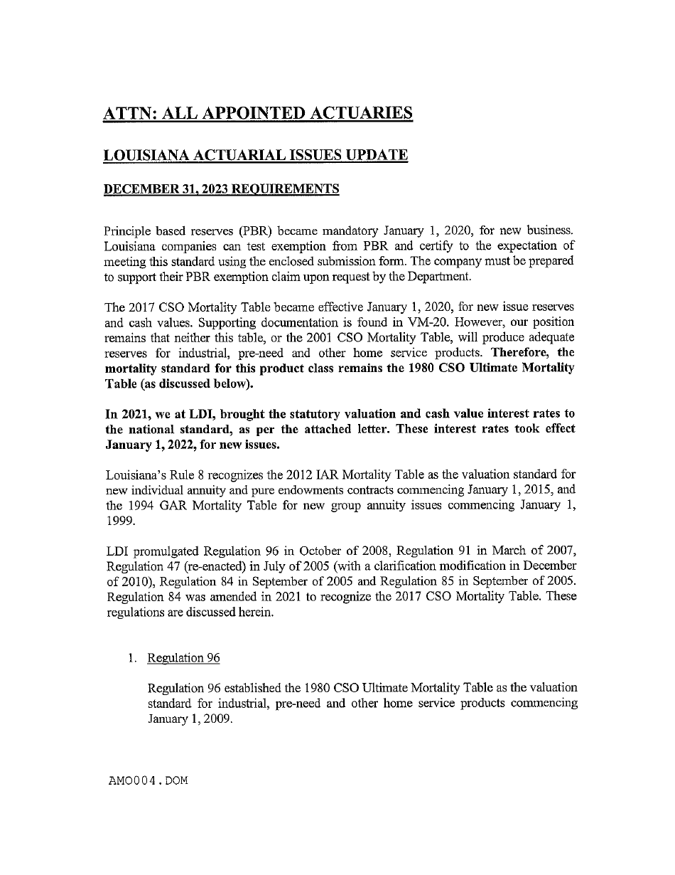 Actuarial Filing Instructions - Domestic Life  Health Insurers - Louisiana, Page 3