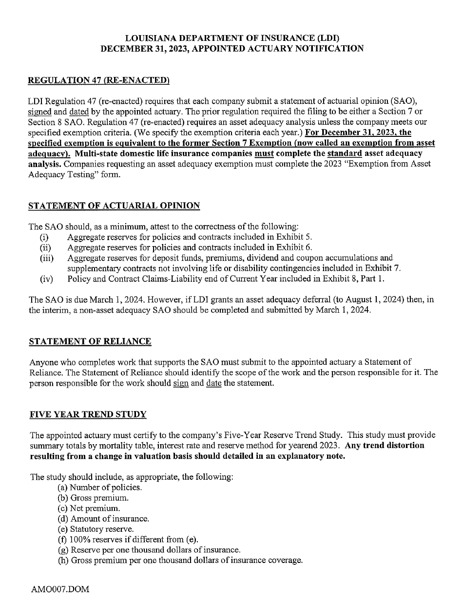 Actuarial Filing Instructions - Domestic Life  Health Insurers - Louisiana, Page 5