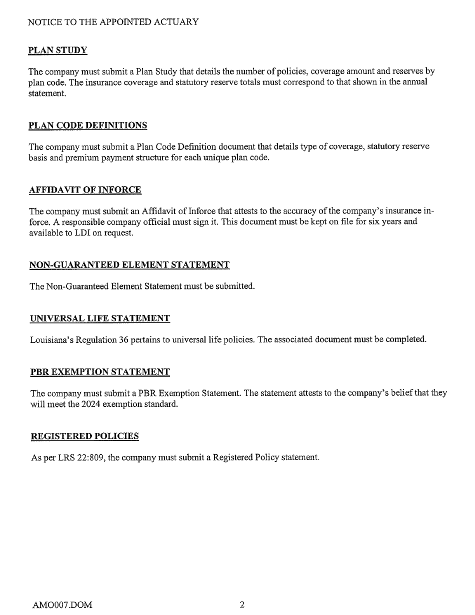 Actuarial Filing Instructions - Domestic Life  Health Insurers - Louisiana, Page 6