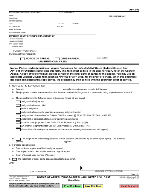 Form APP-002 Notice of Appeal/Cross-appeal - Unlimited Civil Case (Appellate) - California