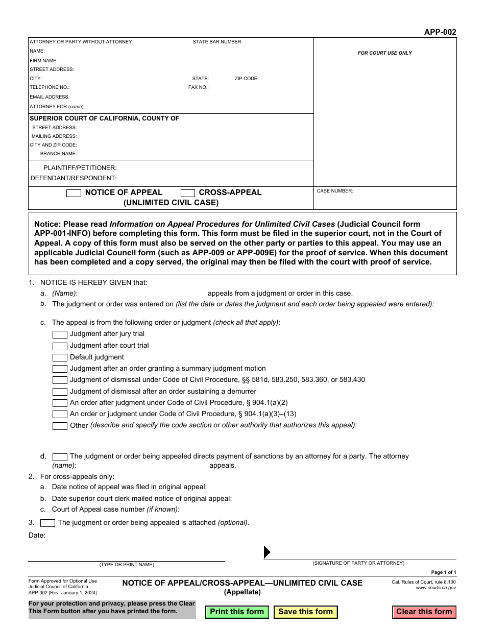 Form APP-002 Notice of Appeal / Cross-appeal - Unlimited Civil Case (Appellate) - California, Page 1