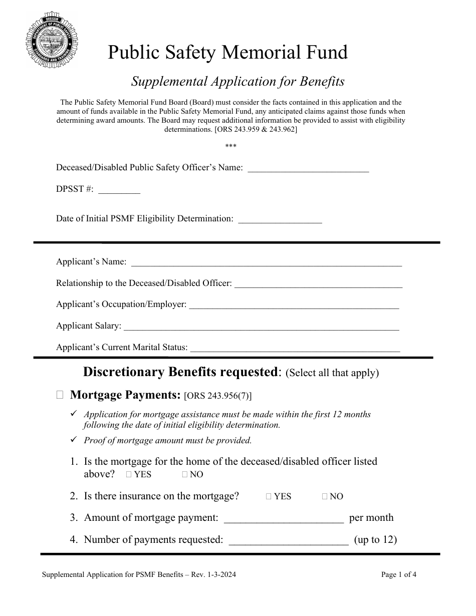 Supplemental Application for Benefits - Public Safety Memorial Fund - Oregon, Page 1