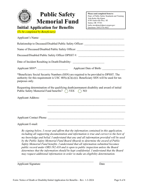 Initial Application for Benefits - Public Safety Memorial Fund - Oregon Download Pdf