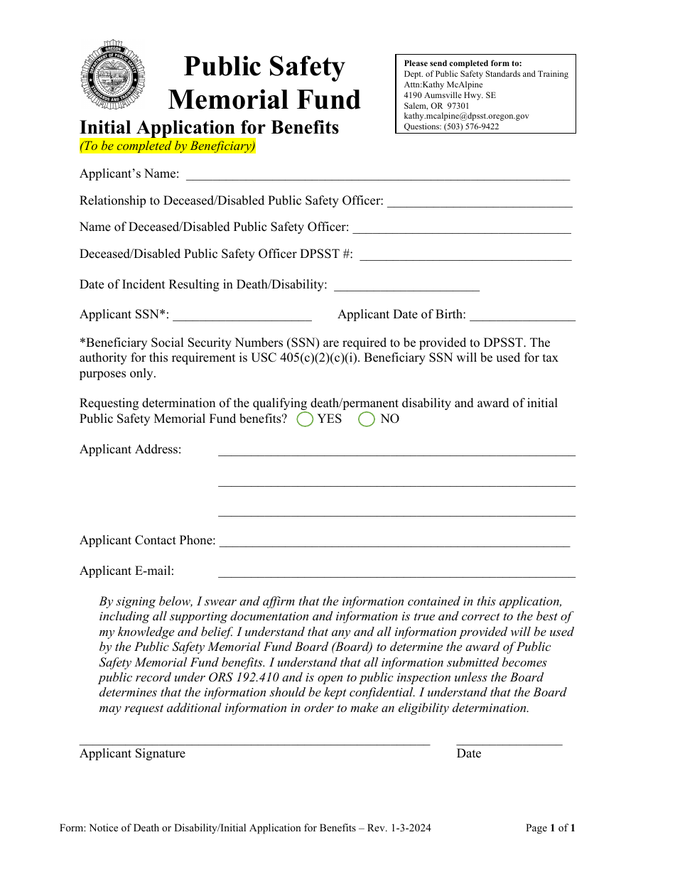 Initial Application for Benefits - Public Safety Memorial Fund - Oregon, Page 1